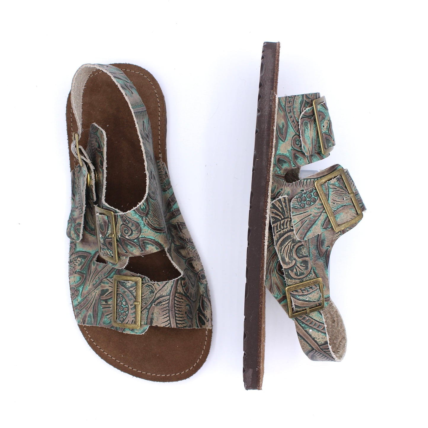 Ladies Buckle Sandals with Snaps - Tooled Teal - - Chocolate midsoles - Dark Brown Rugged Soles