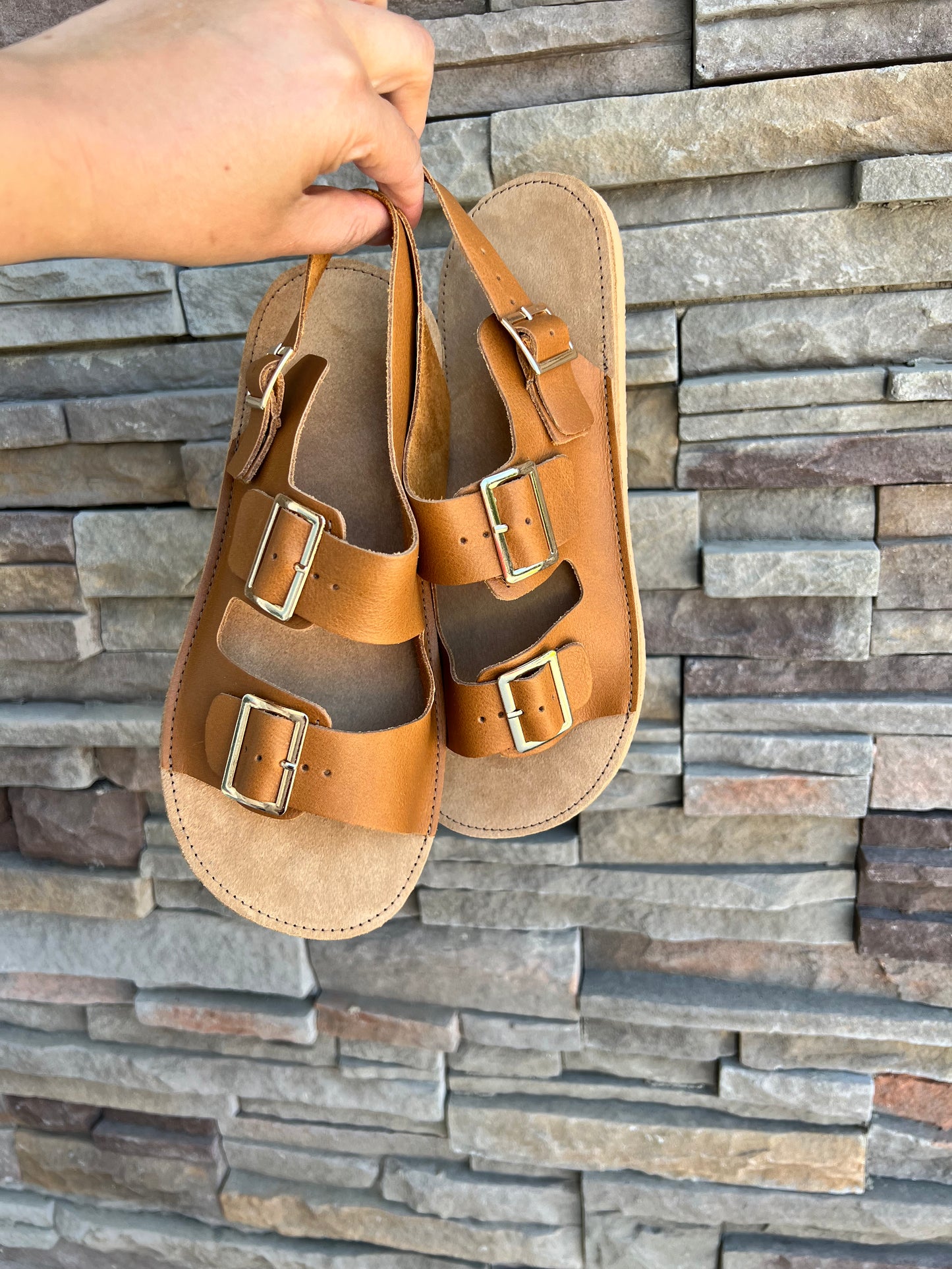 Ladies Buckle Sandals  -GOLDEN HOUR - -Gold Buckles - 8mm Beige Hybrid Soles - Snaps